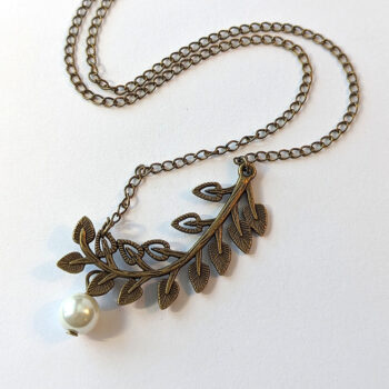 Antique Bronze Curved Branch Leaves With Pearl Necklace - Image 2