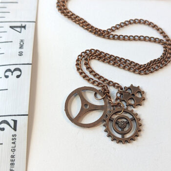 Antique Copper Triple Steampunk Cogs Bits Charm Necklace - Image 2