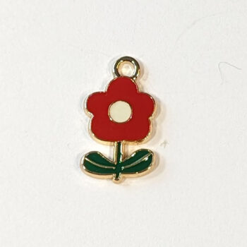 Enamel Five Petal Red Flower Charm Gold