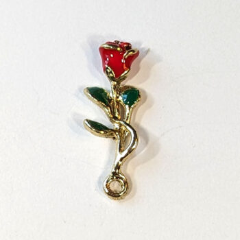 Enamel Red Long Stem Rose Flower Charm Gold