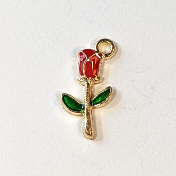 Enamel Red Stem Rose Flower Charm Gold