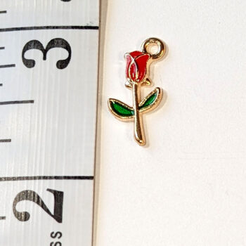 Enamel Red Stem Rose Flower Charm Gold - Image 2