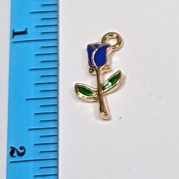 Enamel Blue Stem Rose Flower Charm Gold - Image 2