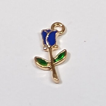 Enamel Blue Stem Rose Flower Charm Gold