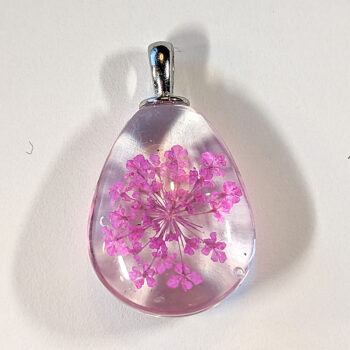 Teardrop Real Dried Hot Pink Flowers Glass Pendant Silver