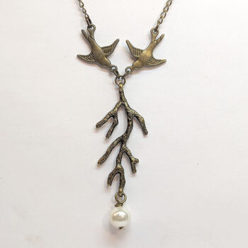 Antique Bronze Swallow Bird Branch Pearl Necklace - Image 5