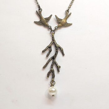 Antique Bronze Swallow Bird Branch Pearl Necklace