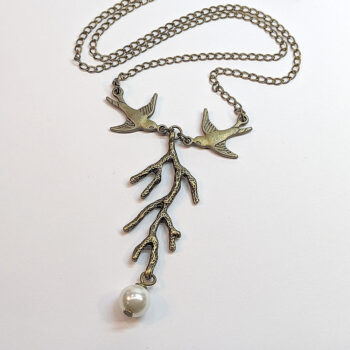 Antique Bronze Swallow Bird Branch Pearl Necklace - Image 2