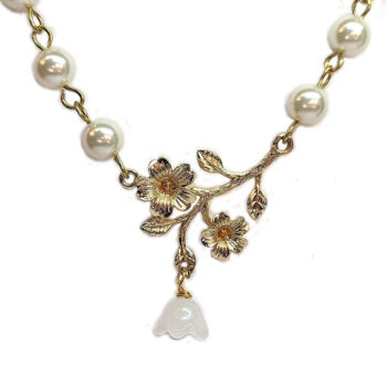 Gold Flowers White Pearl Beads Necklace