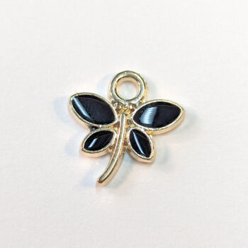 Black Dragonfly Curved Tail Enamel Charm Gold