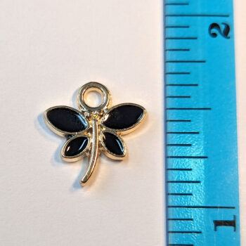 Black Dragonfly Curved Tail Enamel Charm Gold - Image 2