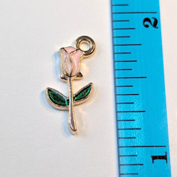 Enamel Light Pink Stem Rose Flower Charm Gold - Image 2