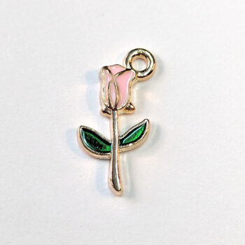 Enamel Light Pink Stem Rose Flower Charm Gold