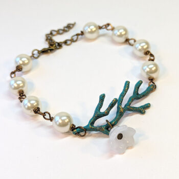 Antique Bronze Patina Branch Leaf Flower Pearl Bead Bracelet - Image 3