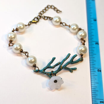 Antique Bronze Patina Branch Leaf Flower Pearl Bead Bracelet - Image 2