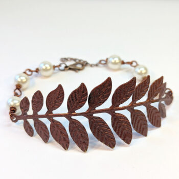 Antique Copper Large Fern Leaf Branch White Beads Bracelet