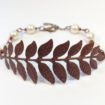 Antique Copper Large Fern Leaf Branch White Beads Bracelet - Image 4