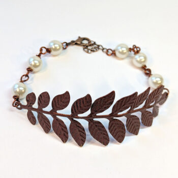 Antique Copper Large Fern Leaf Branch White Beads Bracelet - Image 3