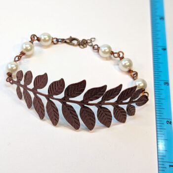 Antique Copper Large Fern Leaf Branch White Beads Bracelet - Image 2