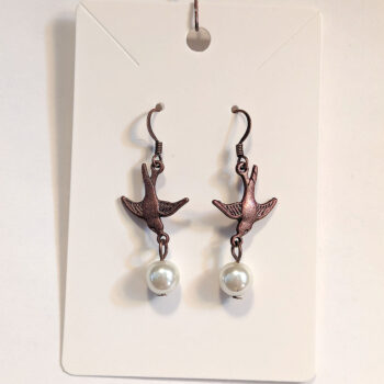 Flying Sparrow Bird Antique Copper Pearl Earrings - Image 5