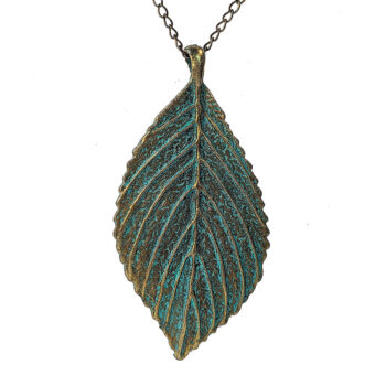 Antique Bronze Patina Large Leaf Pendant Necklace