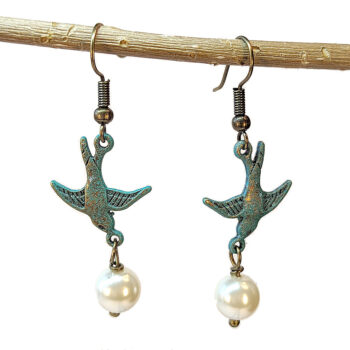 Flying Sparrow Bird Antique Bronze Patina Pearl Earrings