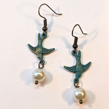 Flying Sparrow Bird Antique Bronze Patina Pearl Earrings - Image 3