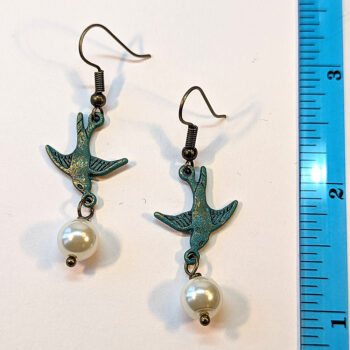 Flying Sparrow Bird Antique Bronze Patina Pearl Earrings - Image 2