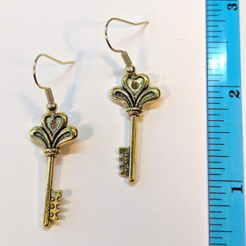 Antique Gold Decorative Heart Key Earrings - Image 2