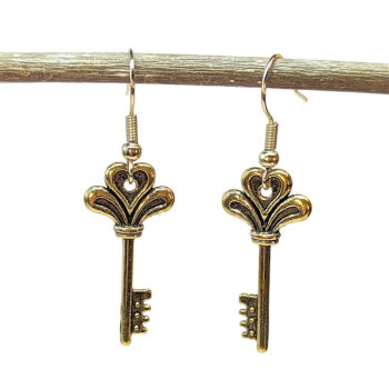 Antique Gold Decorative Heart Key Earrings