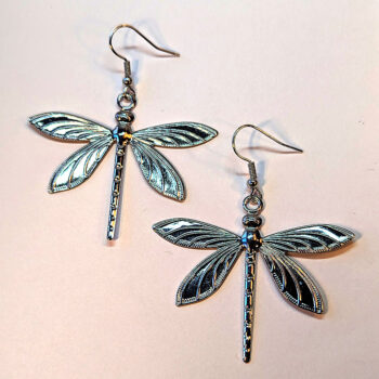 Large Silver Lightweight Filigree Dragonfly Earrings - Image 3