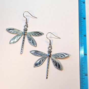 Large Silver Lightweight Filigree Dragonfly Earrings - Image 2