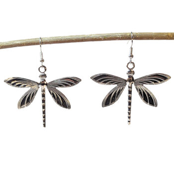 Large Silver Lightweight Filigree Dragonfly Earrings