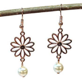 Rose Gold Hollow Daisy Flower Earrings with Pearl