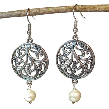 Antique Silver Round Branch Vine With Pearl Earrings