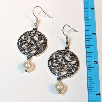 Antique Silver Round Branch Vine With Pearl Earrings - Image 3