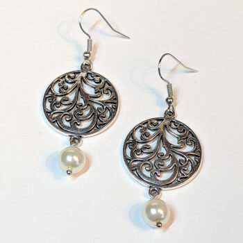 Antique Silver Round Branch Vine With Pearl Earrings - Image 2