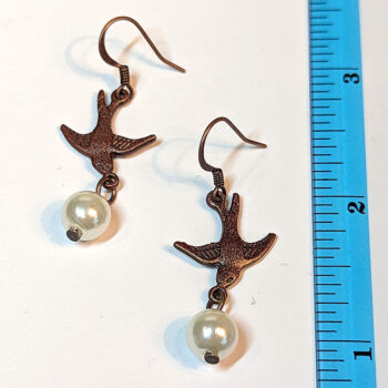 Flying Sparrow Bird Antique Copper Pearl Earrings - Image 3