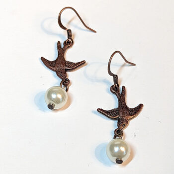 Flying Sparrow Bird Antique Copper Pearl Earrings - Image 2