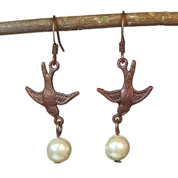 Flying Sparrow Bird Antique Copper Pearl Earrings