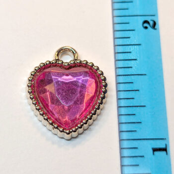 Pink Faceted Acrylic Rhinestone Heart Charm Beaded Silver - Image 2