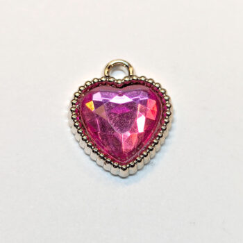 Pink Faceted Acrylic Rhinestone Heart Charm Beaded Silver