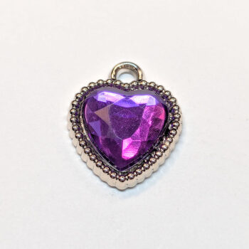 Purple Faceted Acrylic Rhinestone Heart Charm Beaded Silver