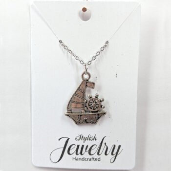 Antique Silver Sail Boat With Wheel Necklace - Image 5