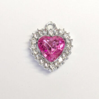 Hot Pink Recessed Rhinestone Clear Heart Charm Silver