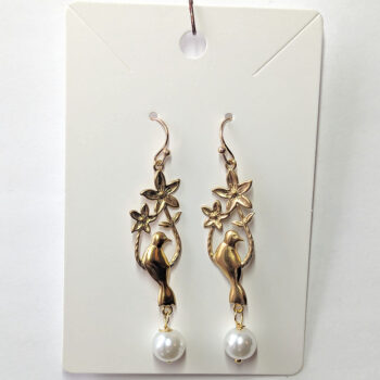 Stainless Steel Gold Bird Branch Flowers Pearl Earrings - Image 5