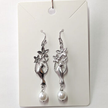 Stainless Steel Silver Bird Branch Flowers Pearl Earrings - Image 4