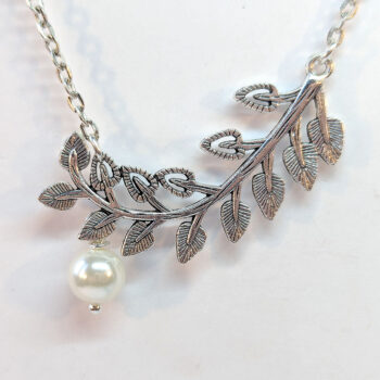 Antique Silver Curved Branch Leaves With Pearl Necklace - Image 3