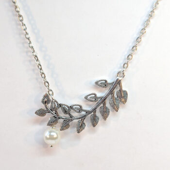 Antique Silver Curved Branch Leaves With Pearl Necklace - Image 2