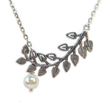 Antique Silver Curved Branch Leaves With Pearl Necklace